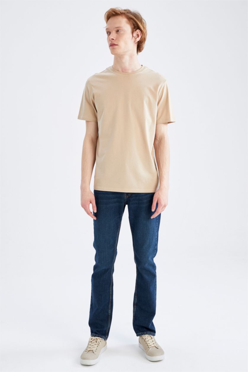 HOMME Beige T-shirt basique à manches courtes et col ras du cou coupe classique