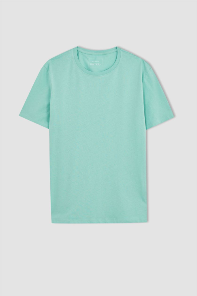 رجال فيروزي تي شيرت أساسي بياقة مستديرة وقصة عادية