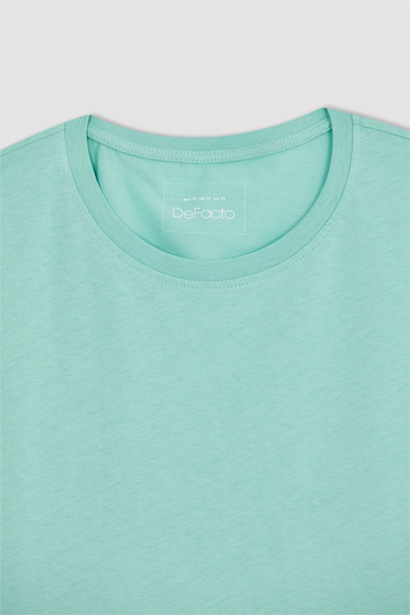 رجال فيروزي تي شيرت أساسي بياقة مستديرة وقصة عادية