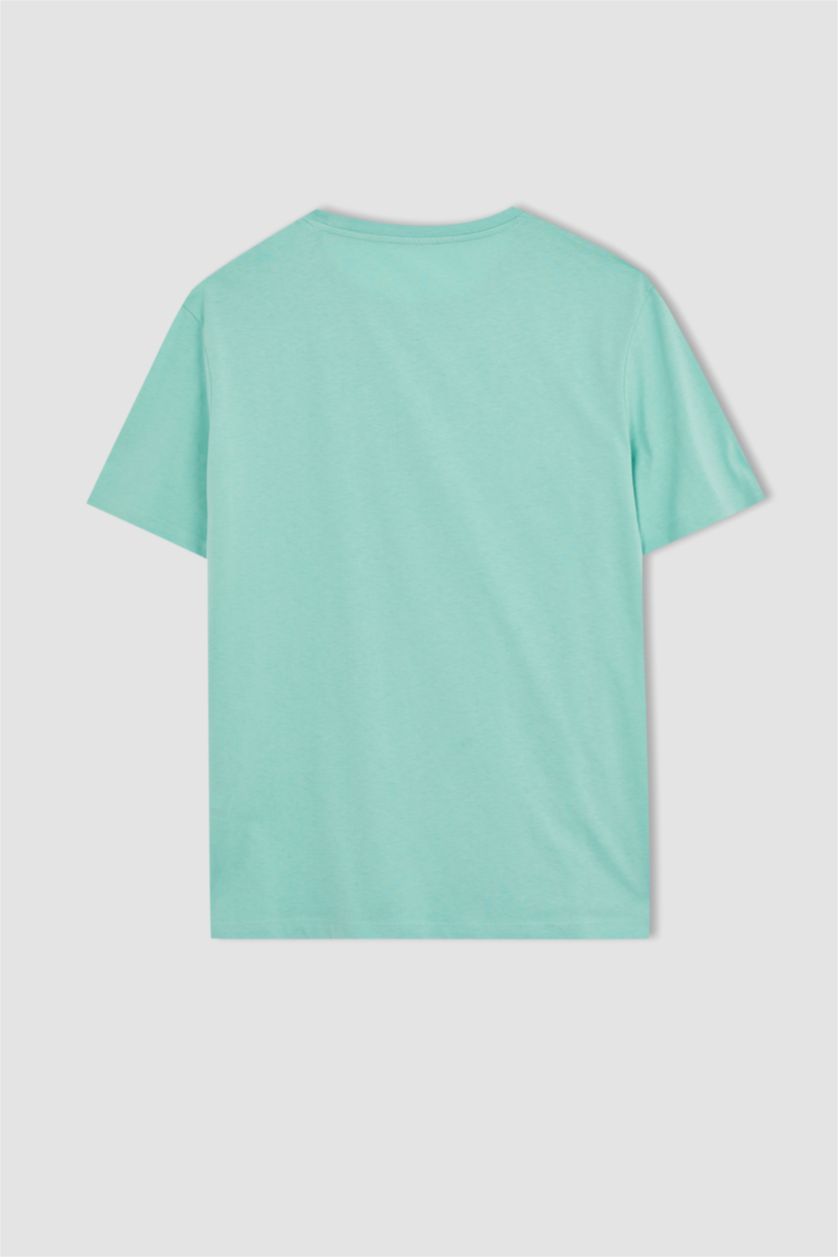 رجال فيروزي تي شيرت أساسي بياقة مستديرة وقصة عادية