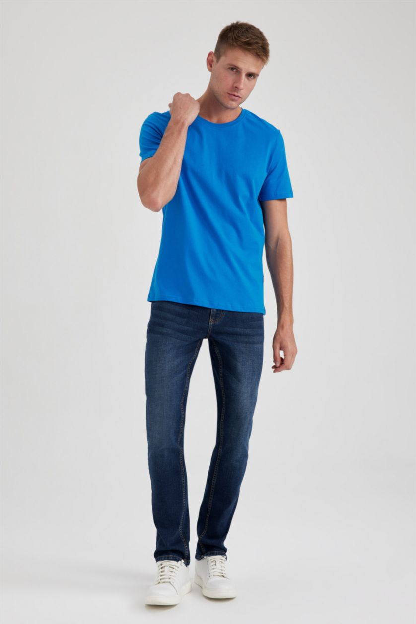 رجالي أزرق فاقع تي شيرت بيزك قصة عادية وياقة مستديرة