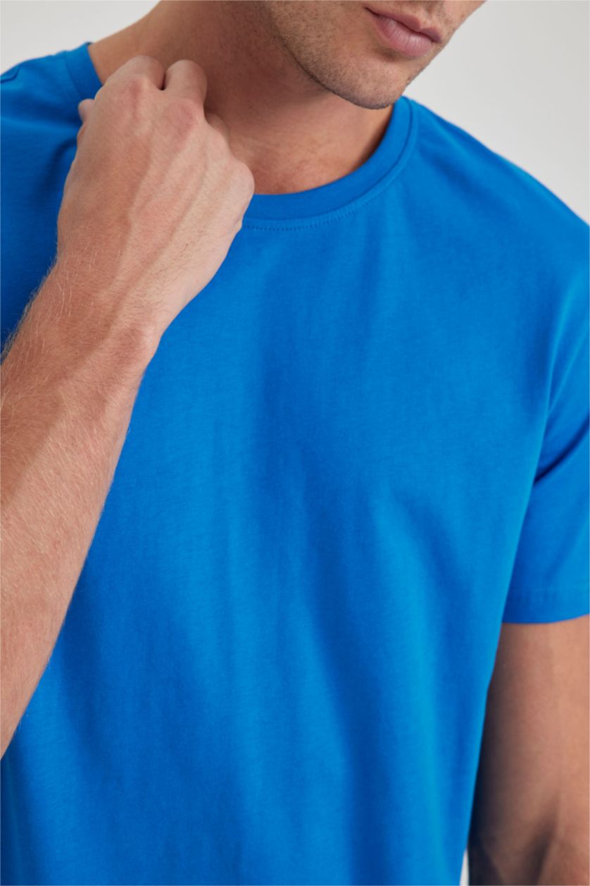 رجالي أزرق فاقع تي شيرت بيزك قصة عادية وياقة مستديرة
