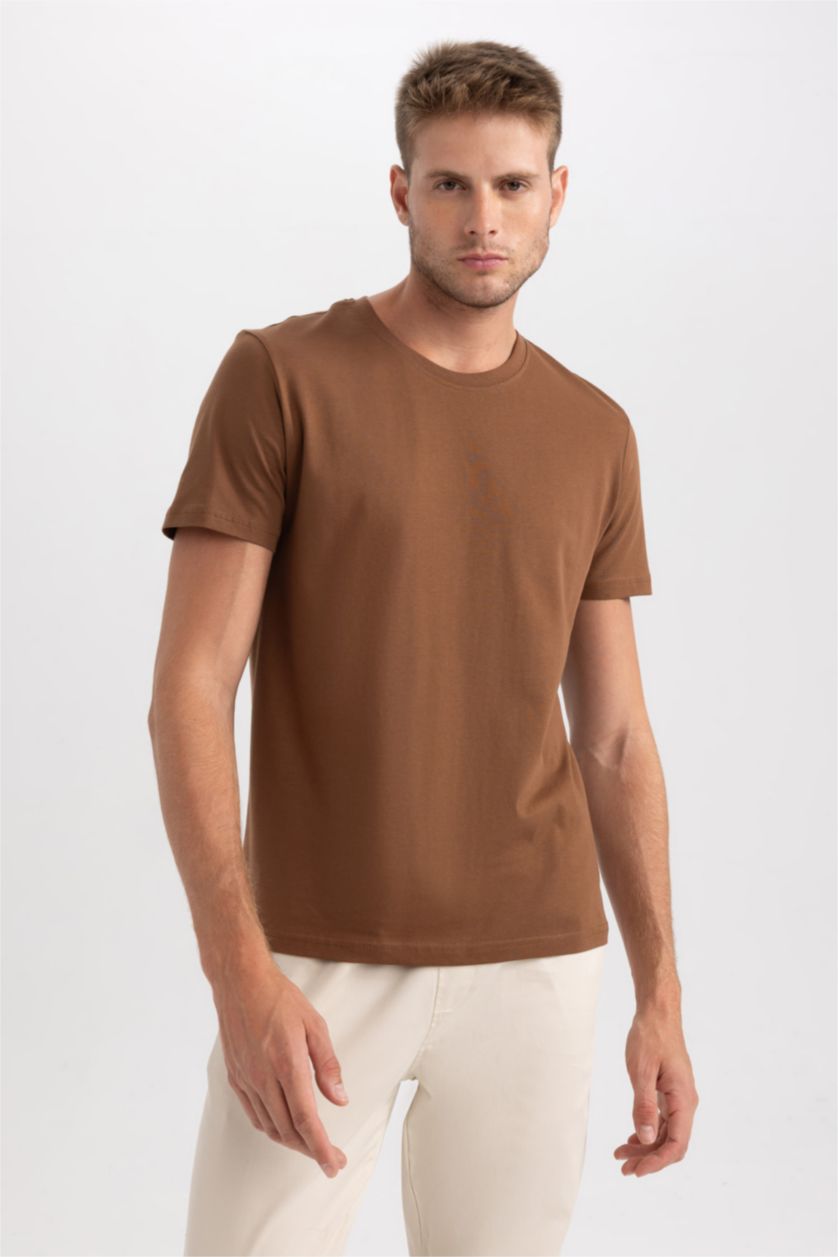 MAN Brown Regular Fit Crew Neck Basic  Cotton T-Shirt