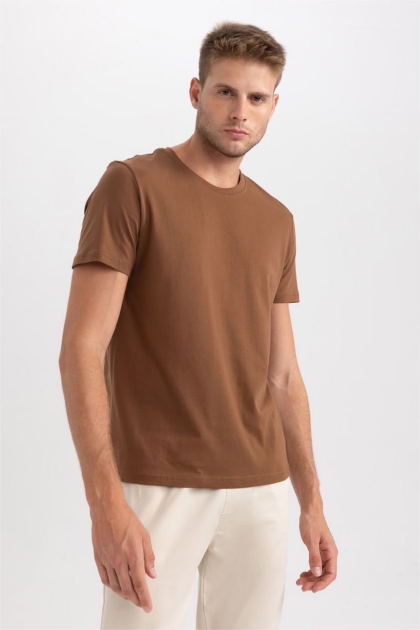 MAN Brown Regular Fit Crew Neck Basic  Cotton T-Shirt
