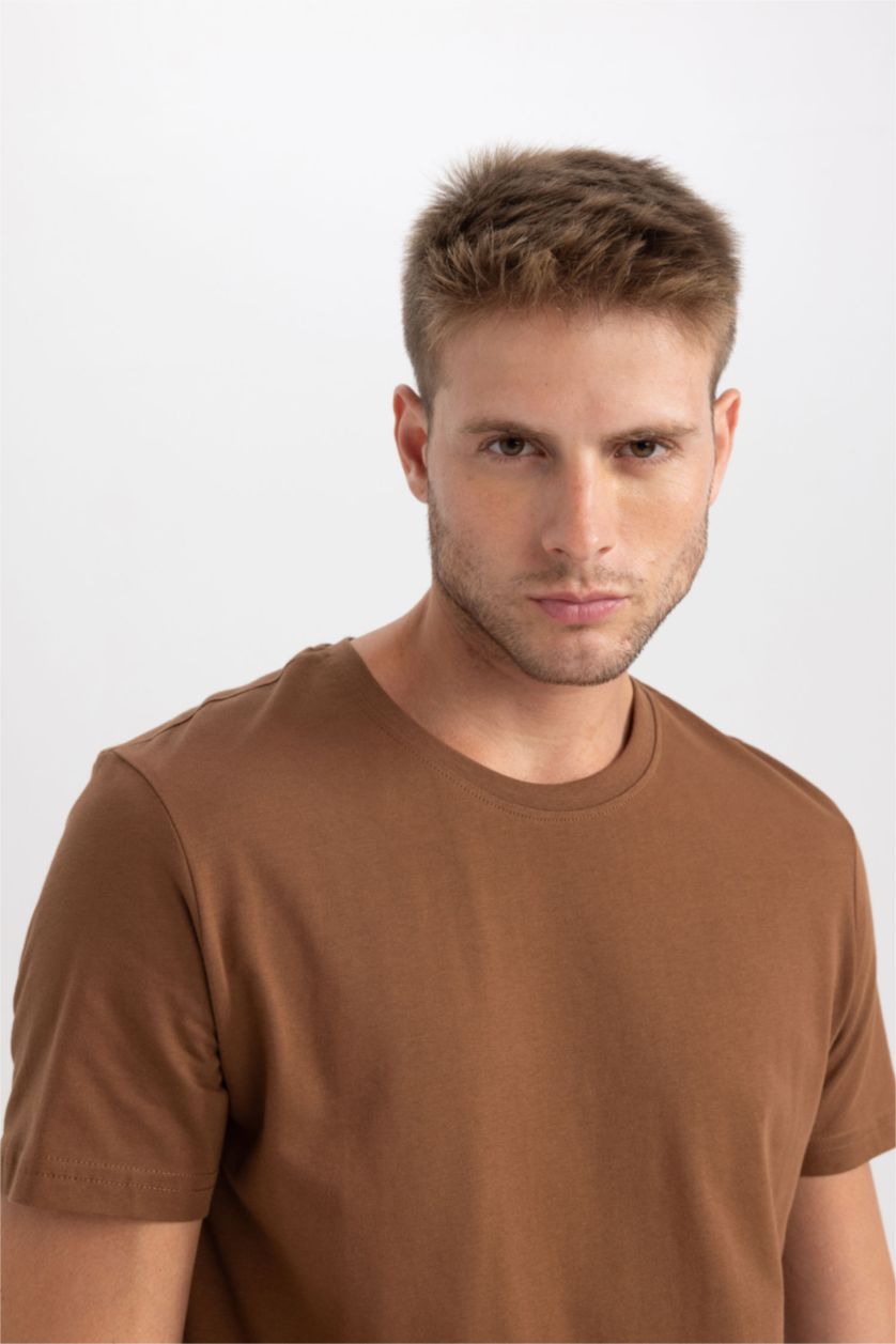 MAN Brown Regular Fit Crew Neck Basic  Cotton T-Shirt