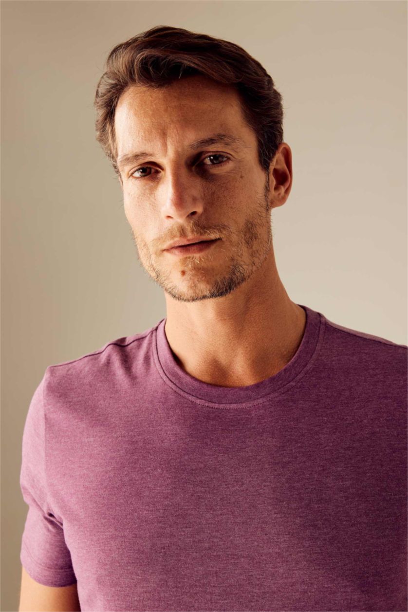 MAN Purple Melange Regular Fit Crew Neck Basic T-Shirt