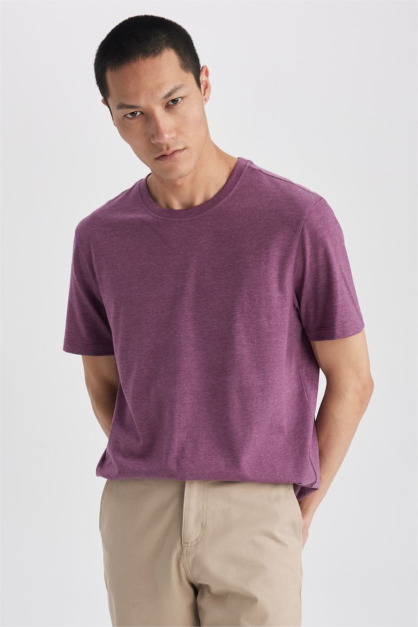 MAN Purple Melange Regular Fit Crew Neck Basic T-Shirt