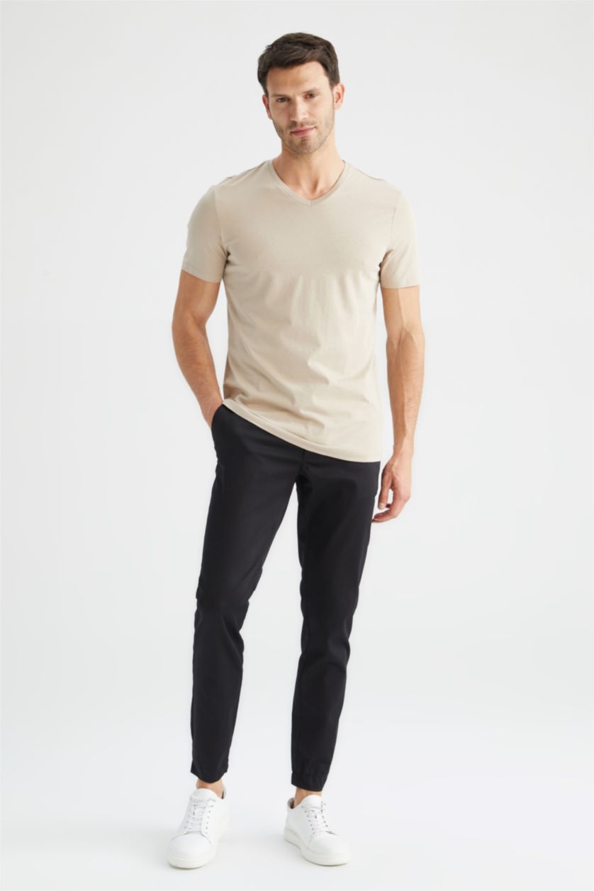 Erkek Bej Slım Fıt Kısa Kollu Tişört