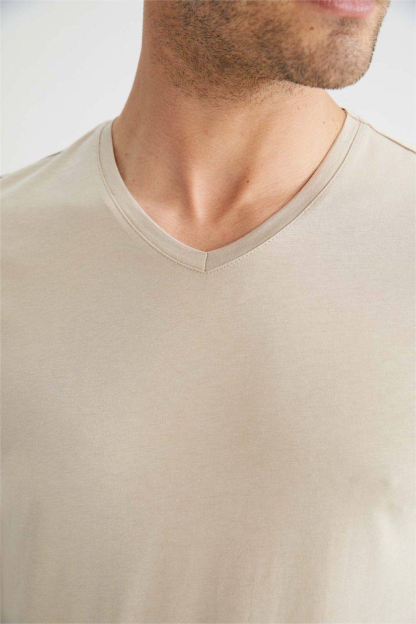 Erkek Bej Slım Fıt Kısa Kollu Tişört