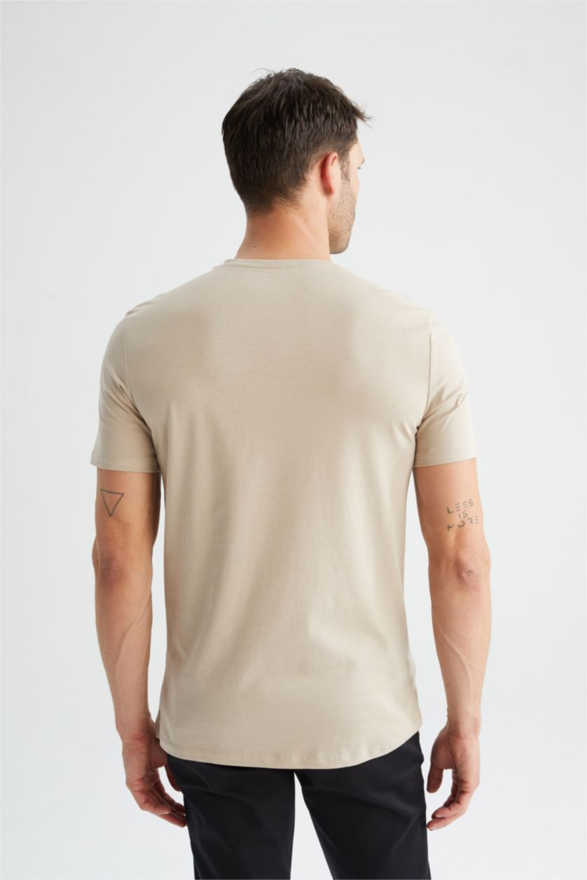 Erkek Bej Slım Fıt Kısa Kollu Tişört