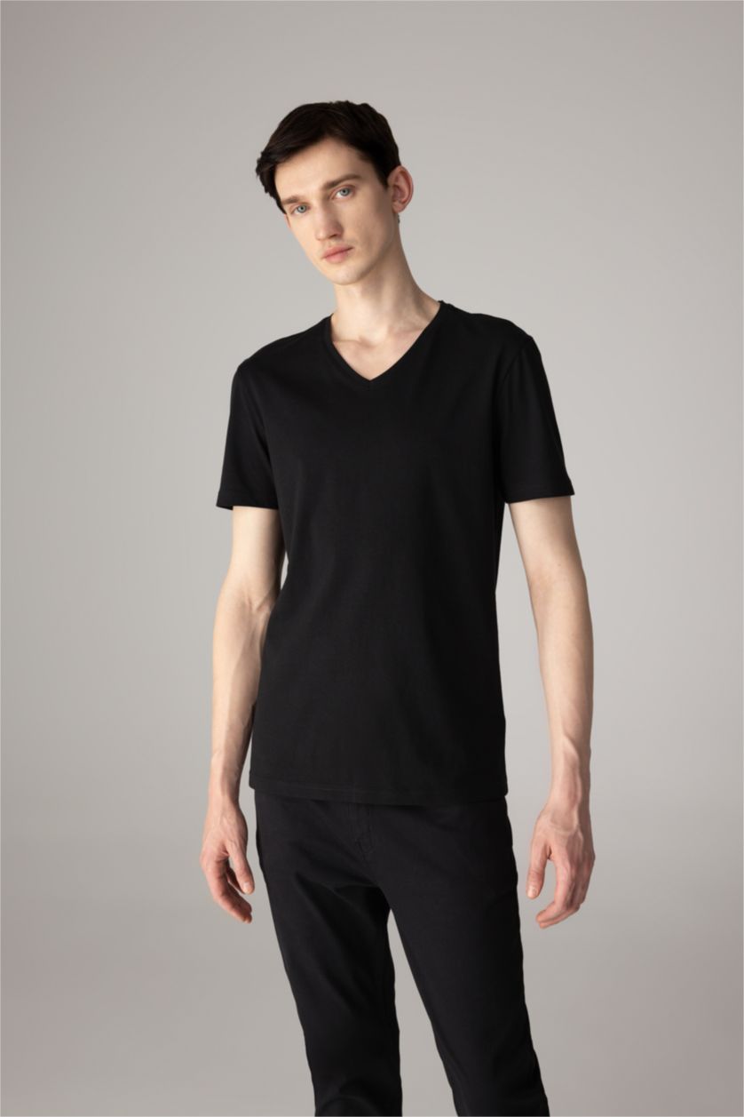 Erkek Siyah %100 Pamuk Slim Fit V Yaka Basic Siyah Tişört