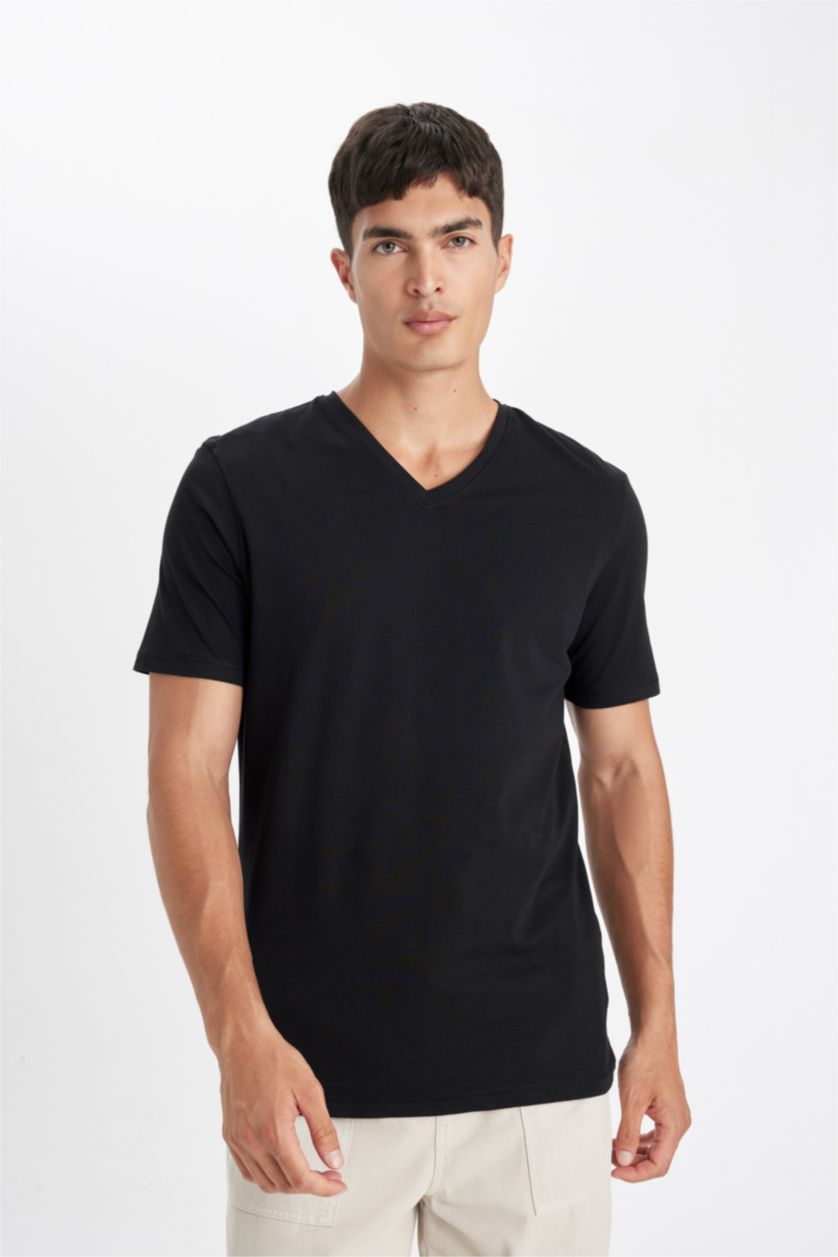Erkek Siyah %100 Pamuk Slim Fit V Yaka Basic Siyah Tişört