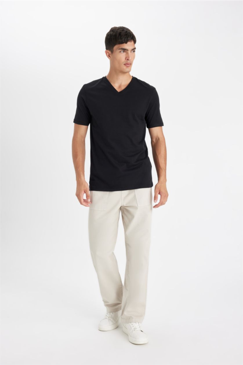 Erkek Siyah %100 Pamuk Slim Fit V Yaka Basic Siyah Tişört