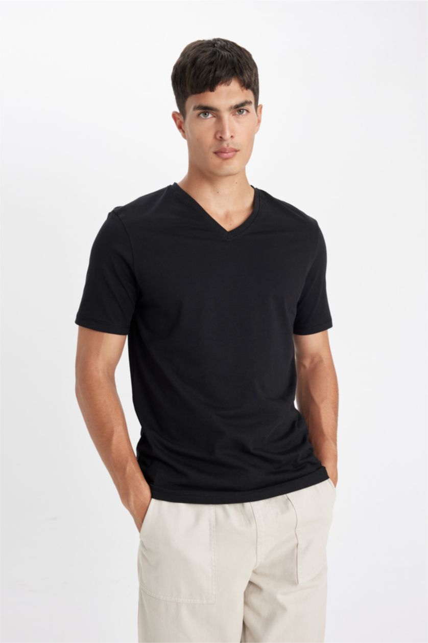 Erkek Siyah %100 Pamuk Slim Fit V Yaka Basic Siyah Tişört