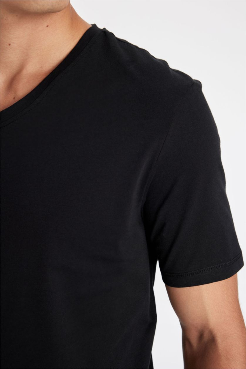 Erkek Siyah %100 Pamuk Slim Fit V Yaka Basic Siyah Tişört