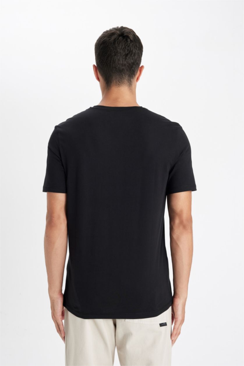 Erkek Siyah %100 Pamuk Slim Fit V Yaka Basic Siyah Tişört