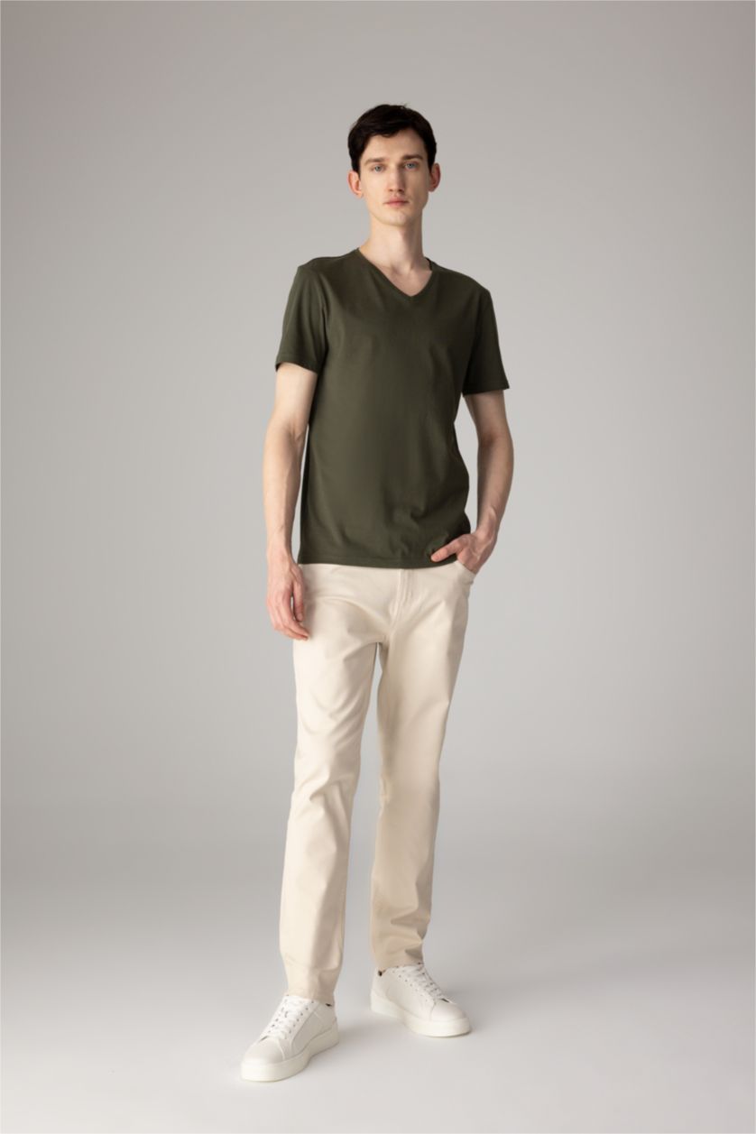 Erkek Haki %100 Pamuk Slim Fit Dar Kesim V Yaka Basic Düz Kısa Kollu Tişört