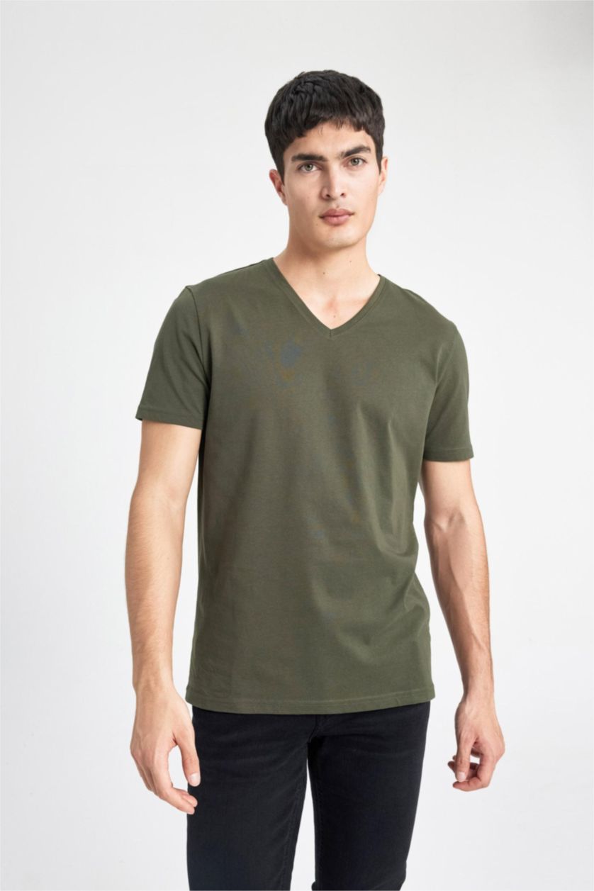 Erkek Haki %100 Pamuk Slim Fit Dar Kesim V Yaka Basic Düz Kısa Kollu Tişört