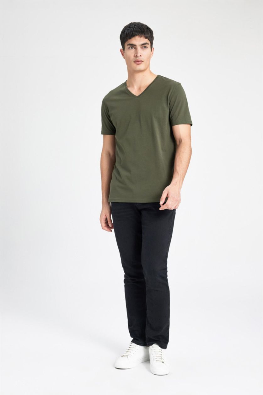 Erkek Haki %100 Pamuk Slim Fit Dar Kesim V Yaka Basic Düz Kısa Kollu Tişört