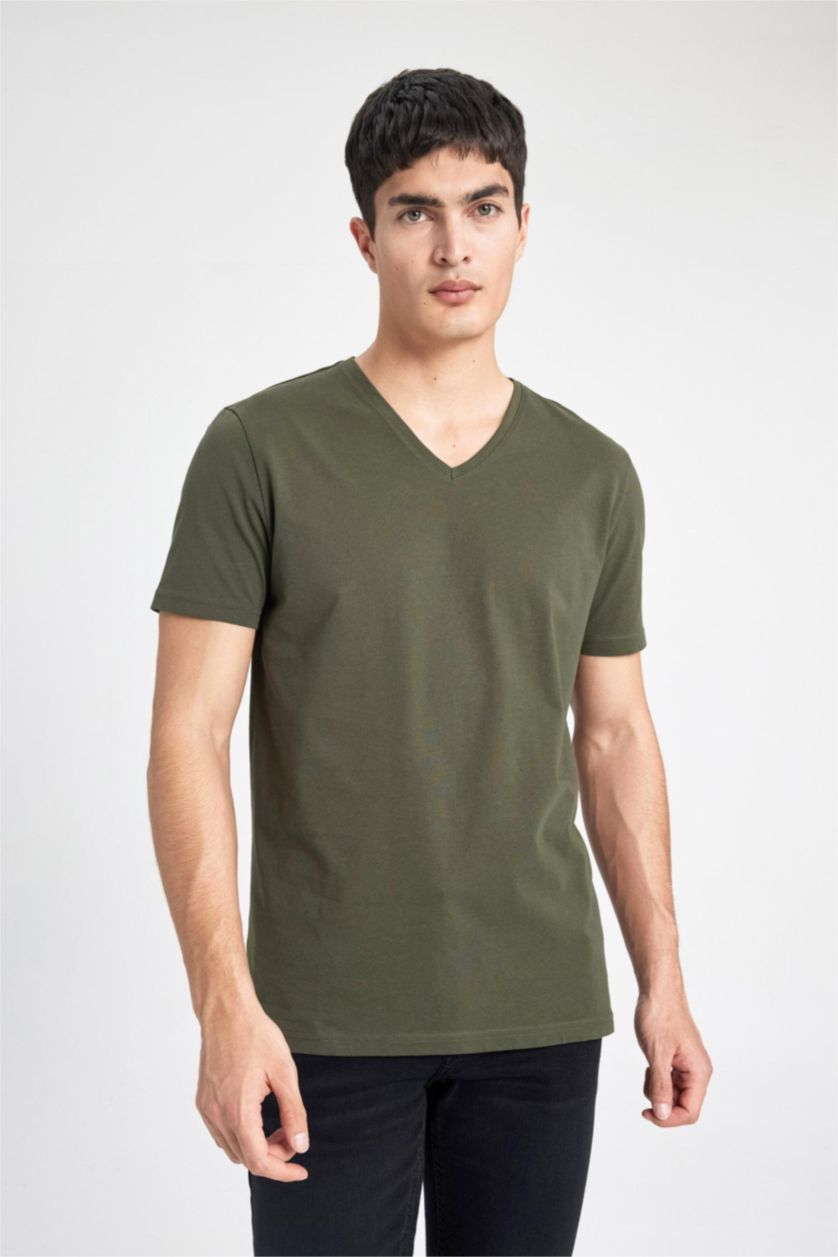 Erkek Haki %100 Pamuk Slim Fit Dar Kesim V Yaka Basic Düz Kısa Kollu Tişört