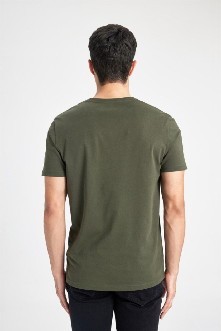 Erkek Haki %100 Pamuk Slim Fit Dar Kesim V Yaka Basic Düz Kısa Kollu Tişört