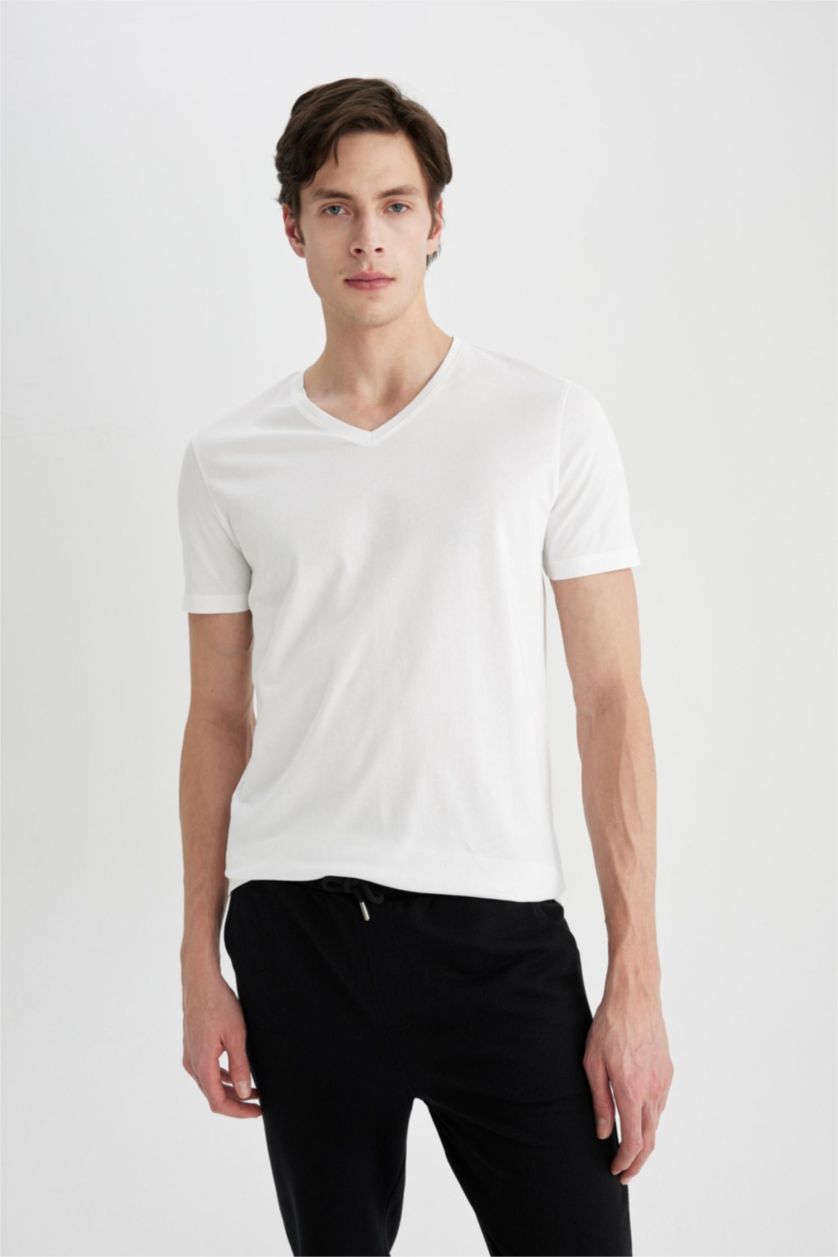 Men White Slim Fit V-Neck Basic Short Sleeve T-Shirt