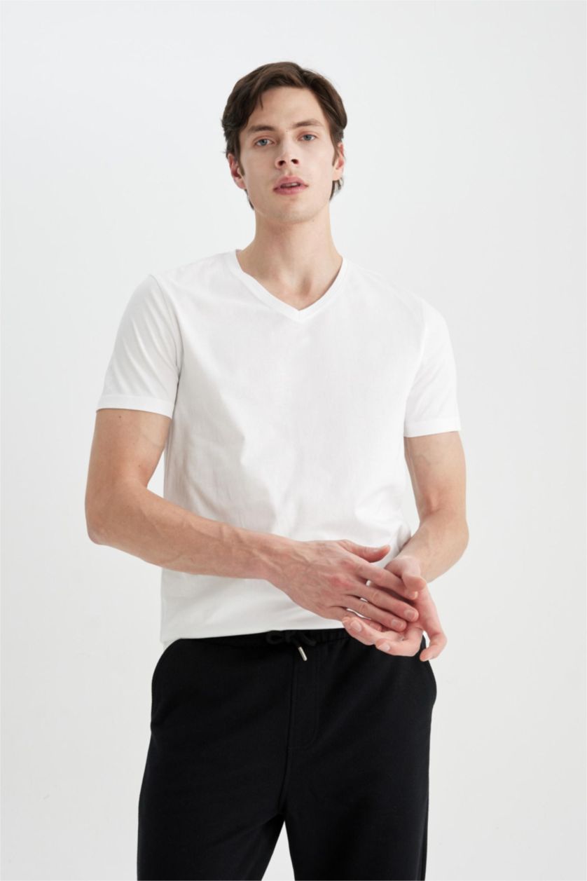 Men White Slim Fit V-Neck Basic Short Sleeve T-Shirt