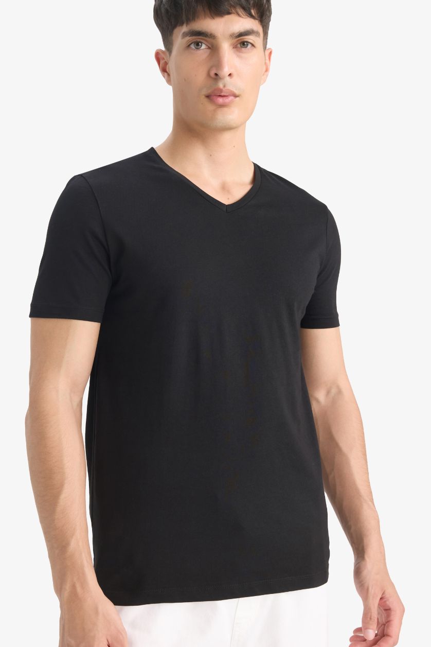 رجال أسود تي شيرت سليم فيت وياقة على شكل V وأكمام قصيرة