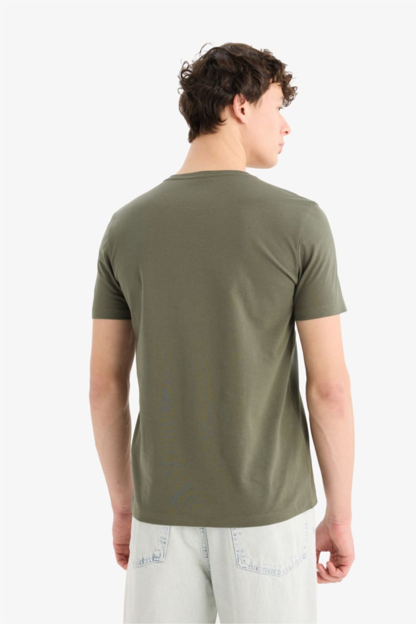 Erkek Haki %100 Pamuk Slim Fit Dar Kesim V Yaka Basic Düz Kısa Kollu Tişört