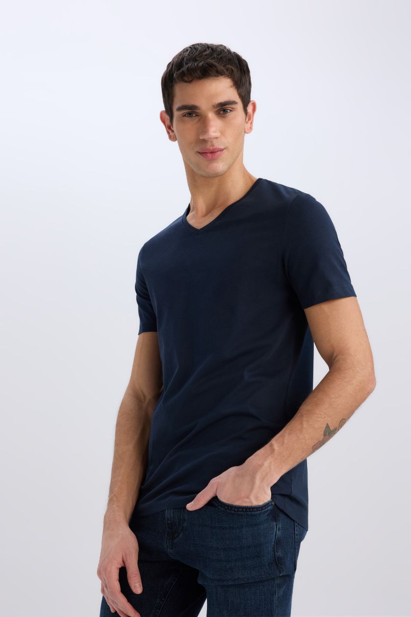 MAN NAVY Slim Fit V Neck Basic Short Sleeve T-Shirt