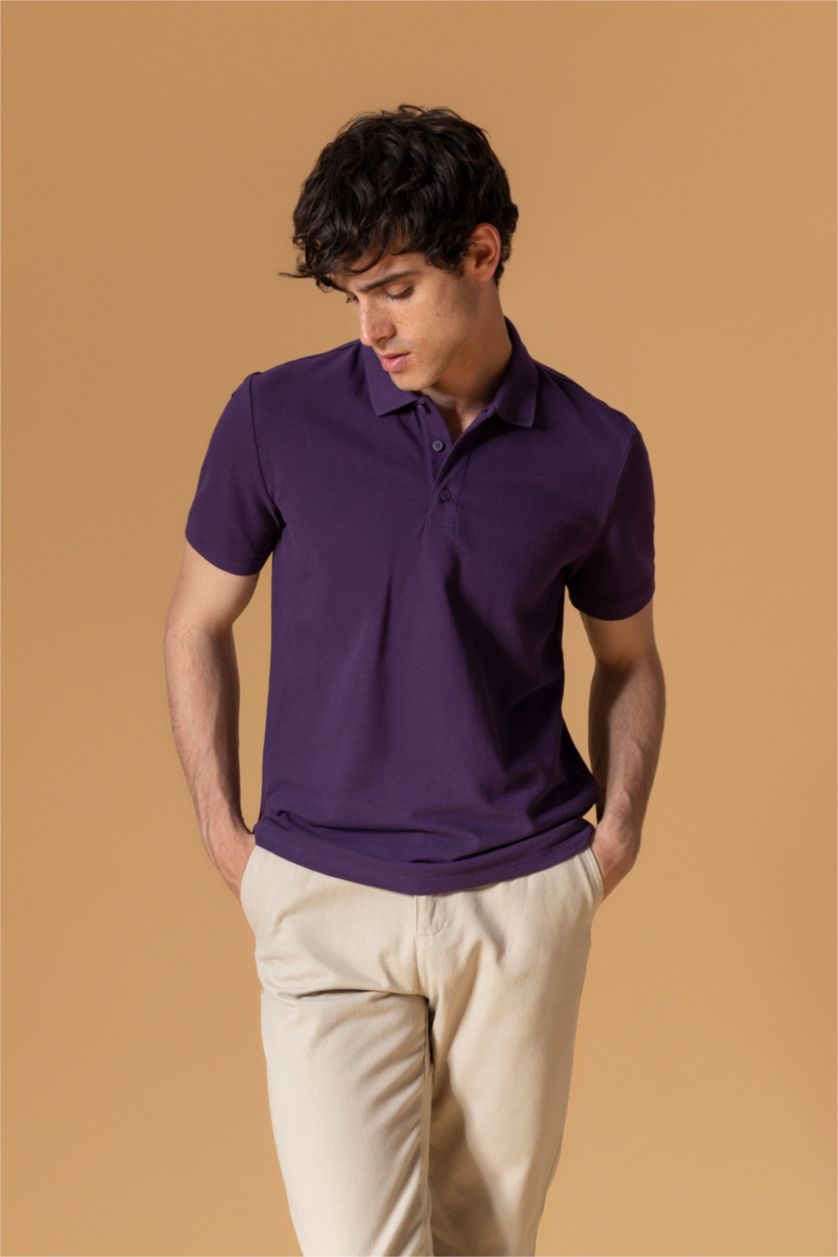 رجال بنفسجي غامق تيشيرت بولو قصة عادية