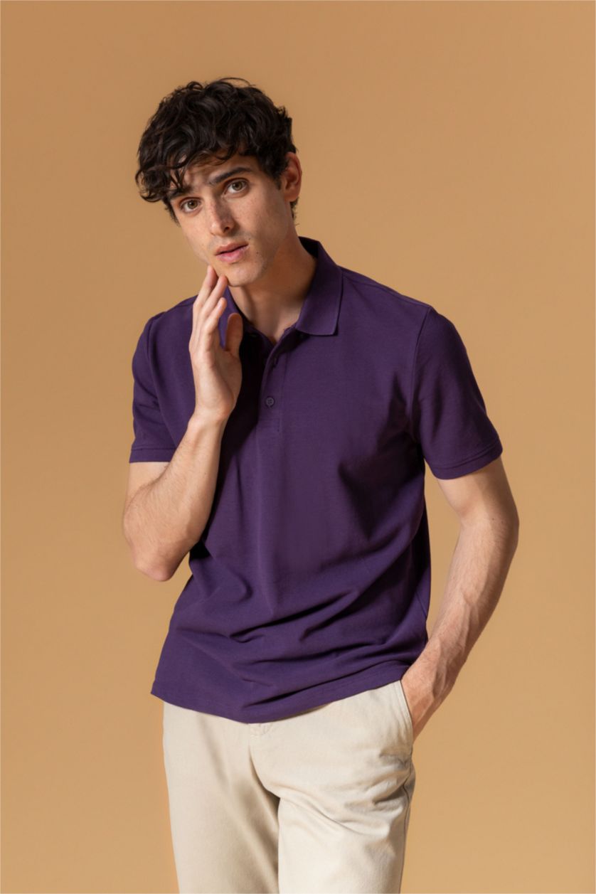 رجال بنفسجي غامق تيشيرت بولو قصة عادية