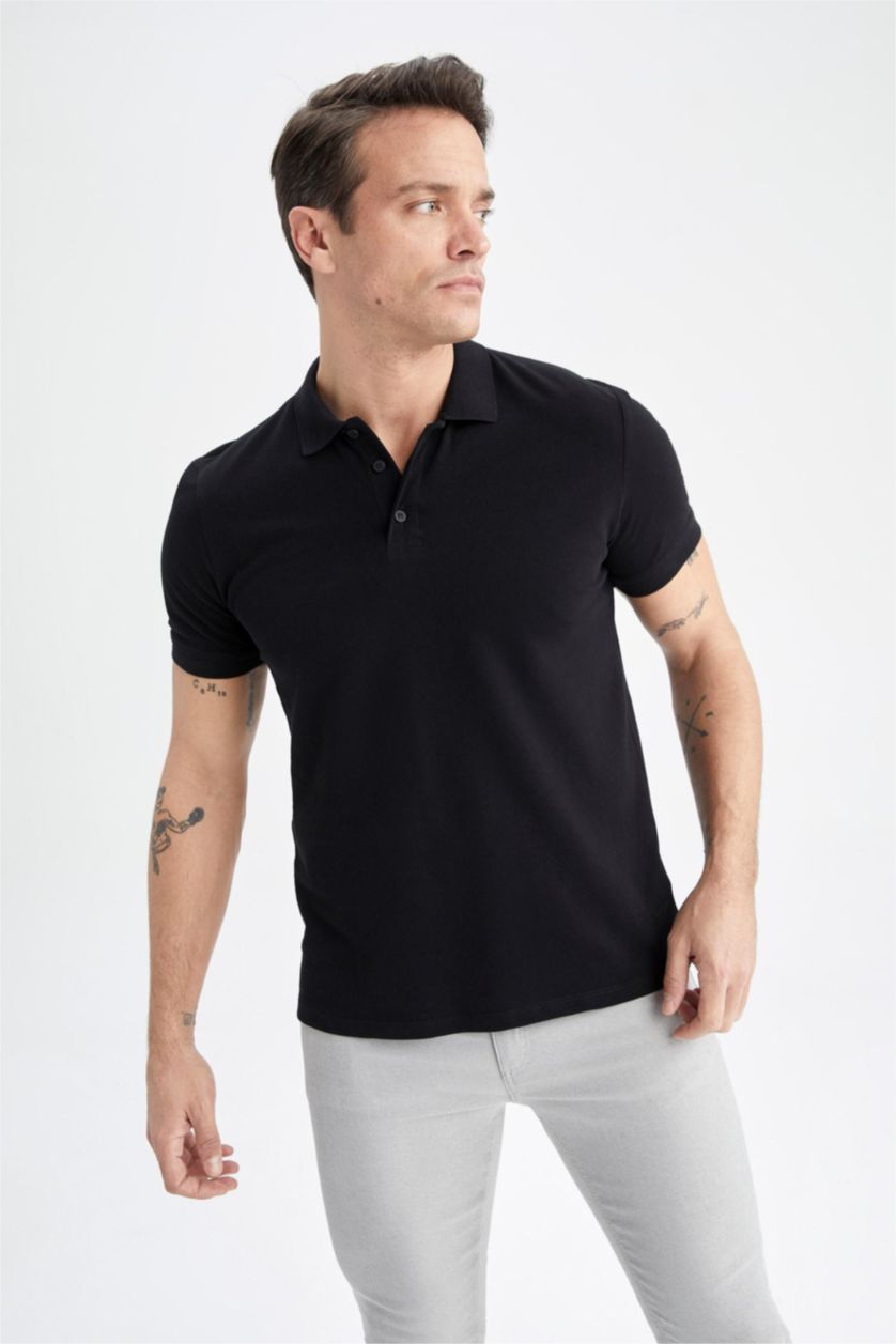 HOMME Noir T-shirt Polo à manches courtes 100% coton, Coupe régulière