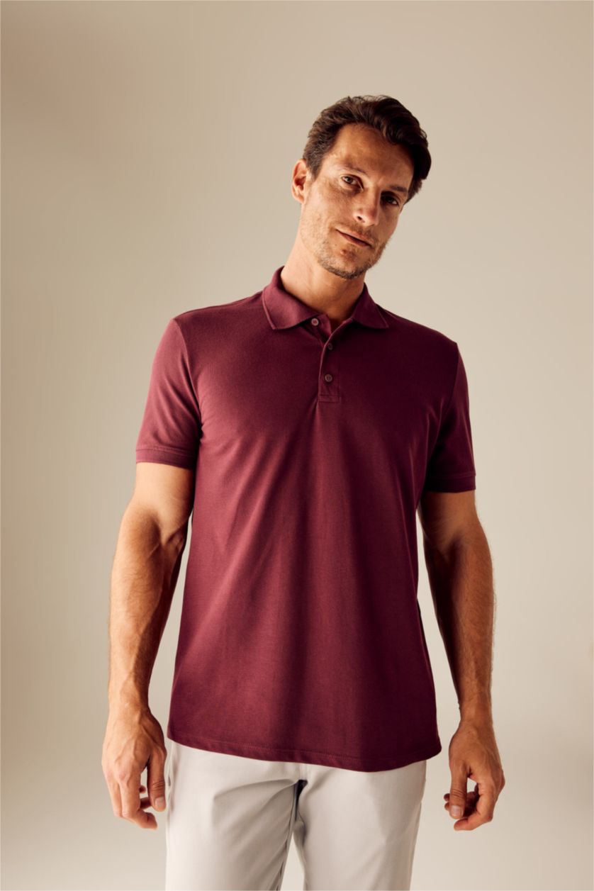 رجال خمري تي شيرت بولو قطن بيزك قصة عادية