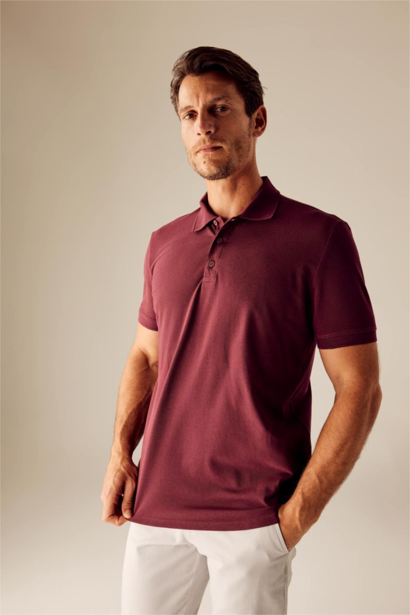 رجال خمري تي شيرت بولو قطن بيزك قصة عادية