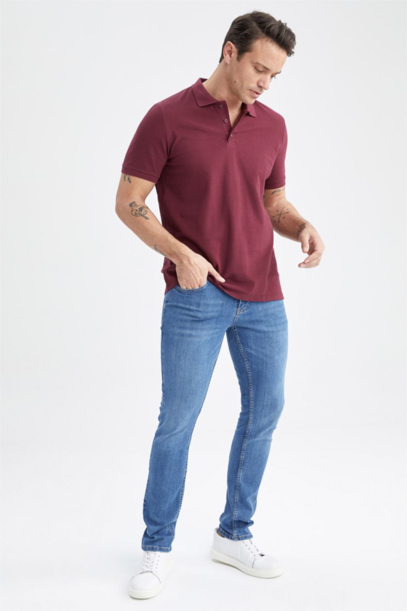 رجال خمري تي شيرت بولو قطن بيزك قصة عادية