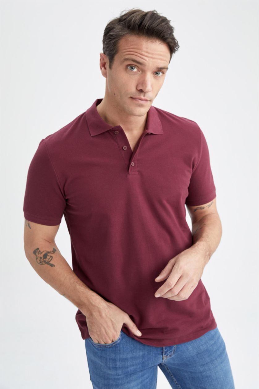 رجال خمري تي شيرت بولو قطن بيزك قصة عادية