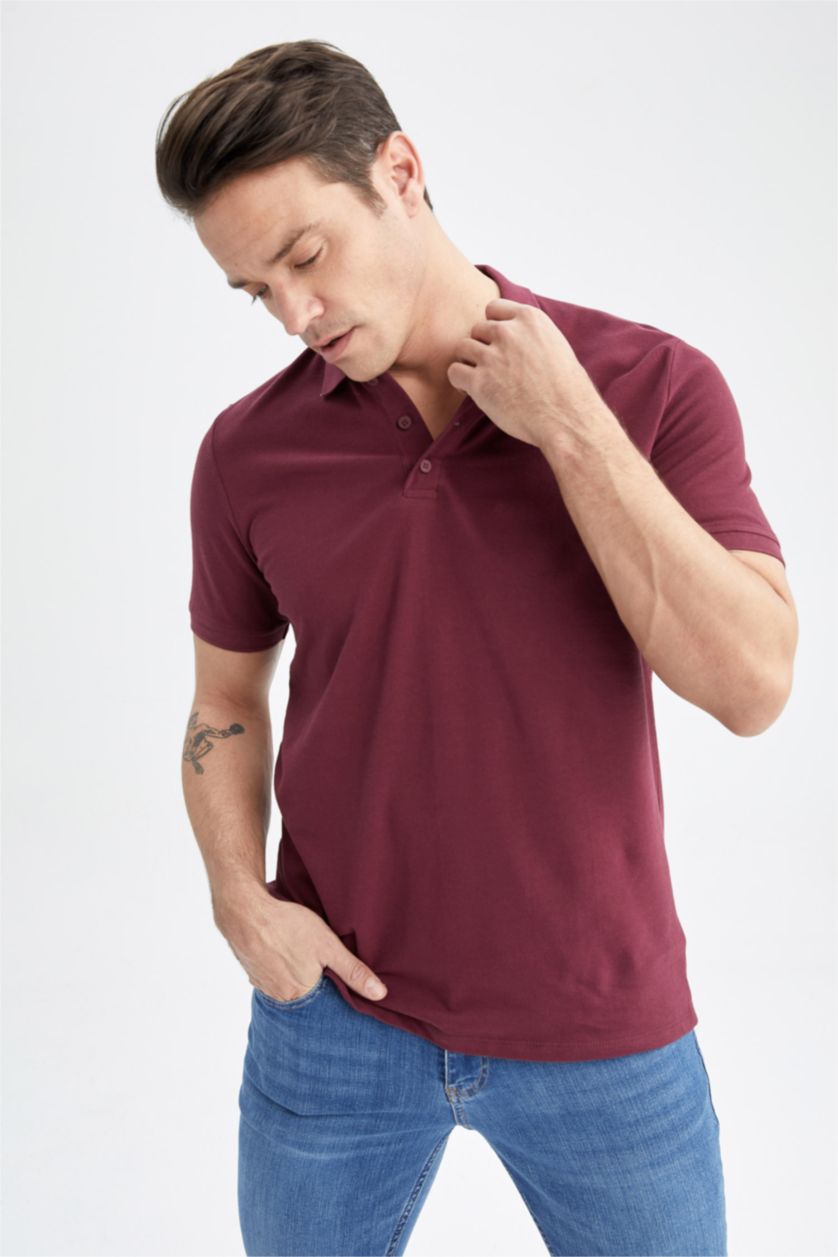 رجال خمري تي شيرت بولو قطن بيزك قصة عادية