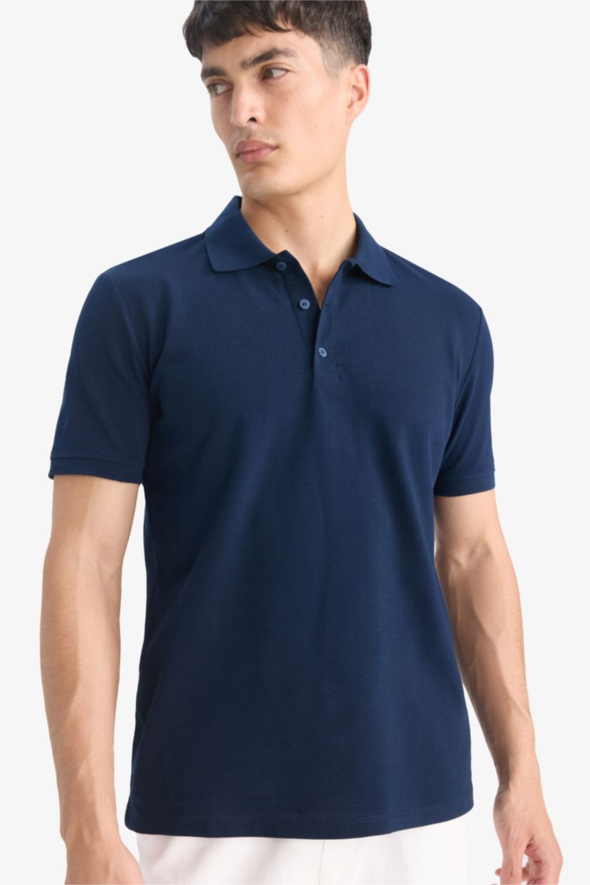 Erkek Lacivert Regular Fıt Pike Kısa Kollu Polo Tişört