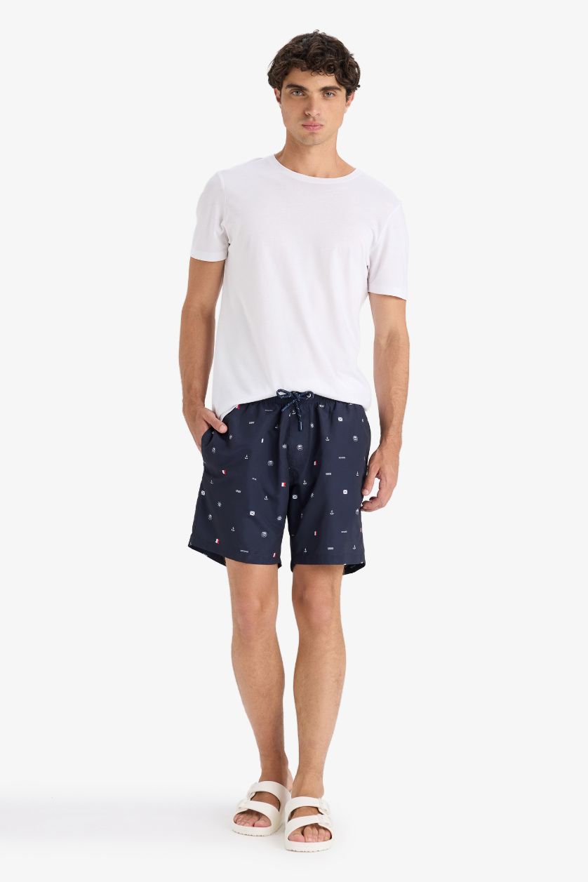 Erkek Lacivert Regular Fıt Desenli File Astarlı Kısa Boy Deniz Şortu