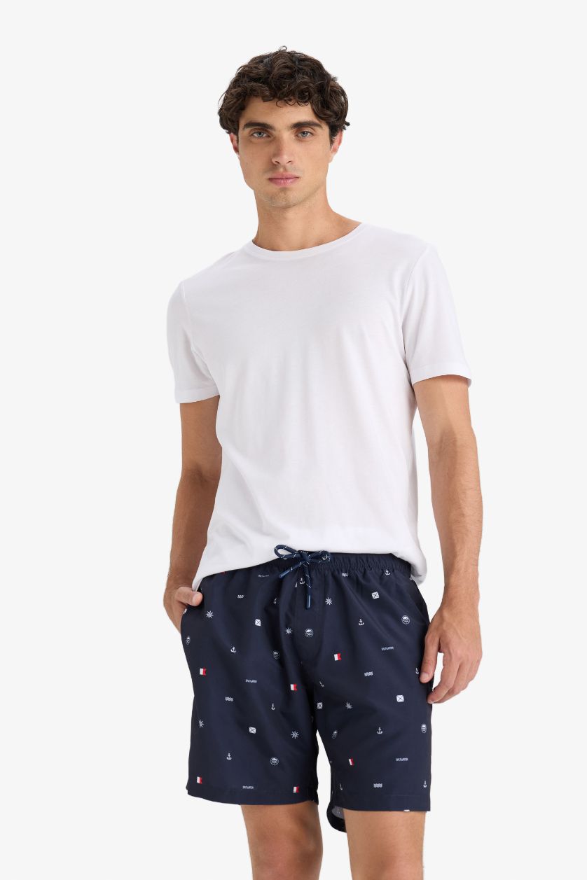 Erkek Lacivert Regular Fıt Desenli File Astarlı Kısa Boy Deniz Şortu