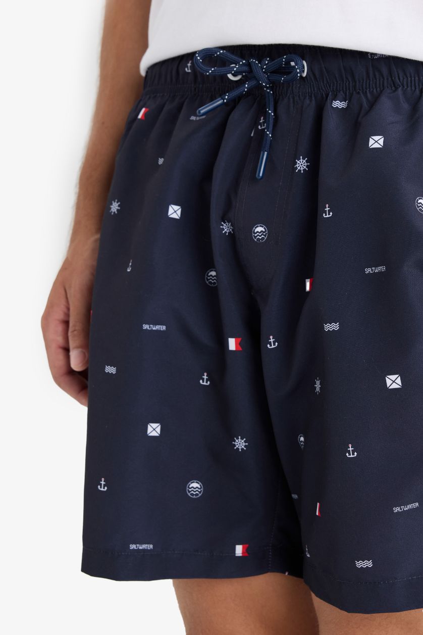 Erkek Lacivert Regular Fıt Desenli File Astarlı Kısa Boy Deniz Şortu