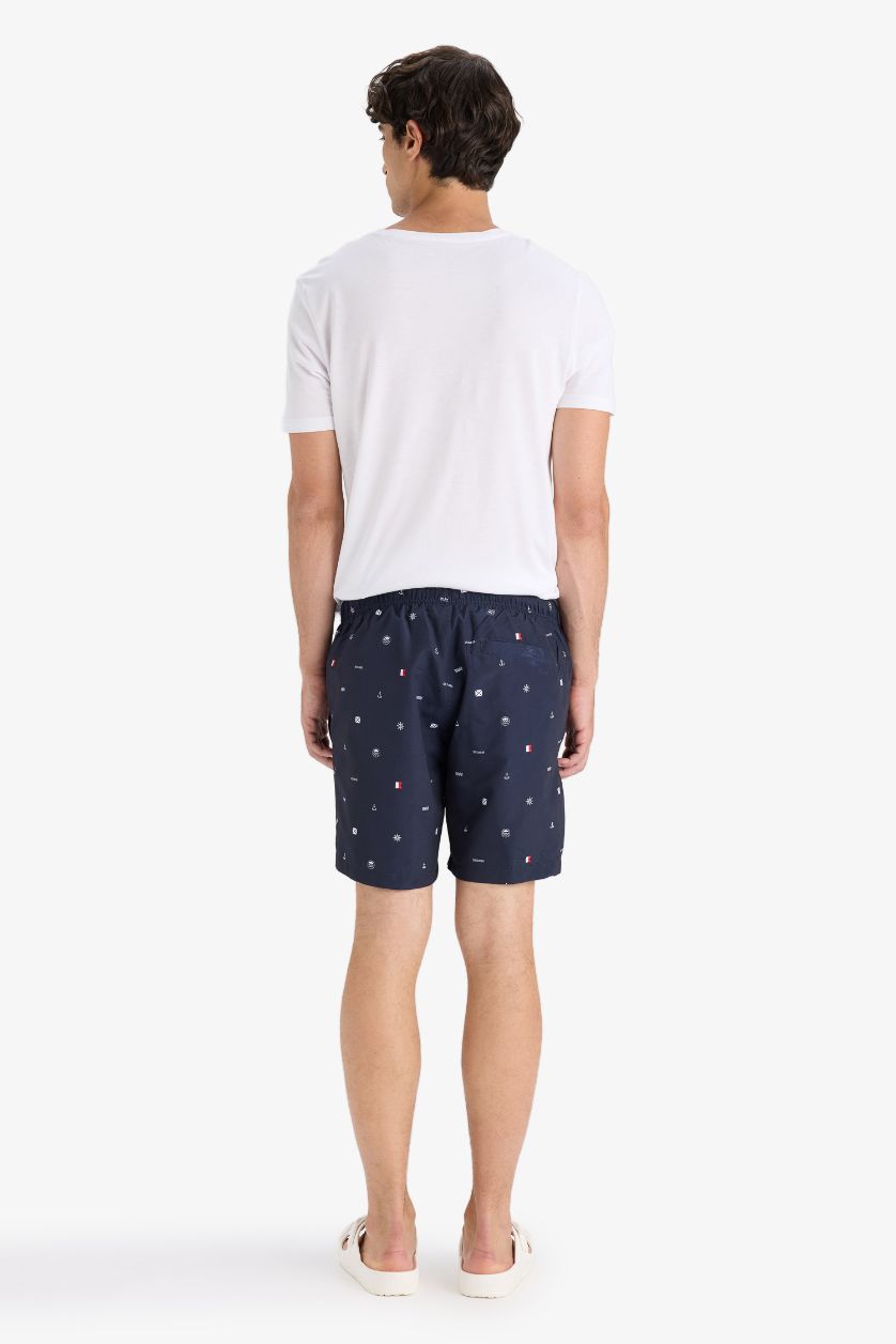 Erkek Lacivert Regular Fıt Desenli File Astarlı Kısa Boy Deniz Şortu