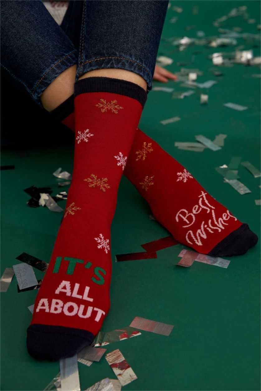 WOMAN Red Women Christmas Themed Cotton 2 Piece Long Socks