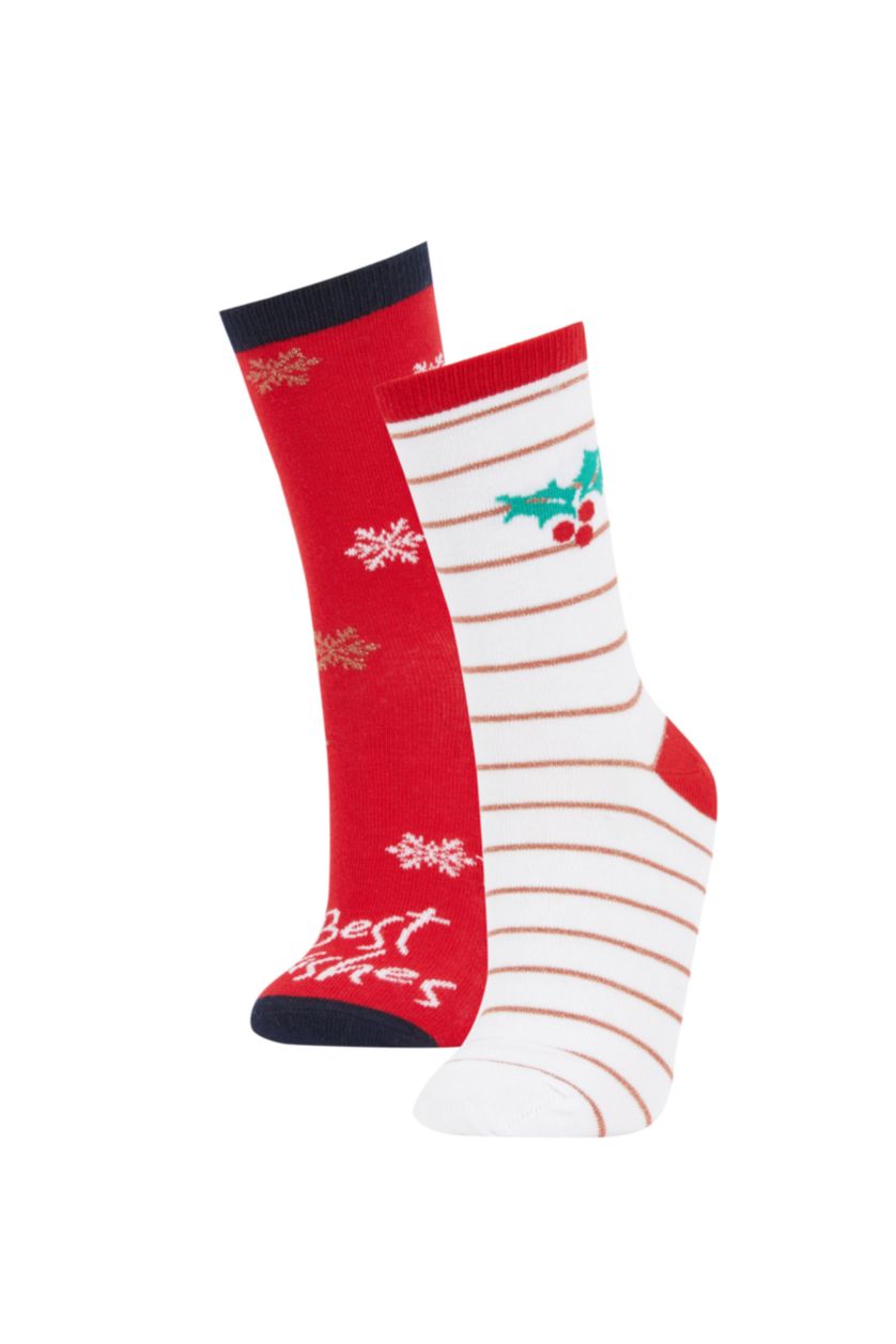 WOMAN Red Women Christmas Themed Cotton 2 Piece Long Socks