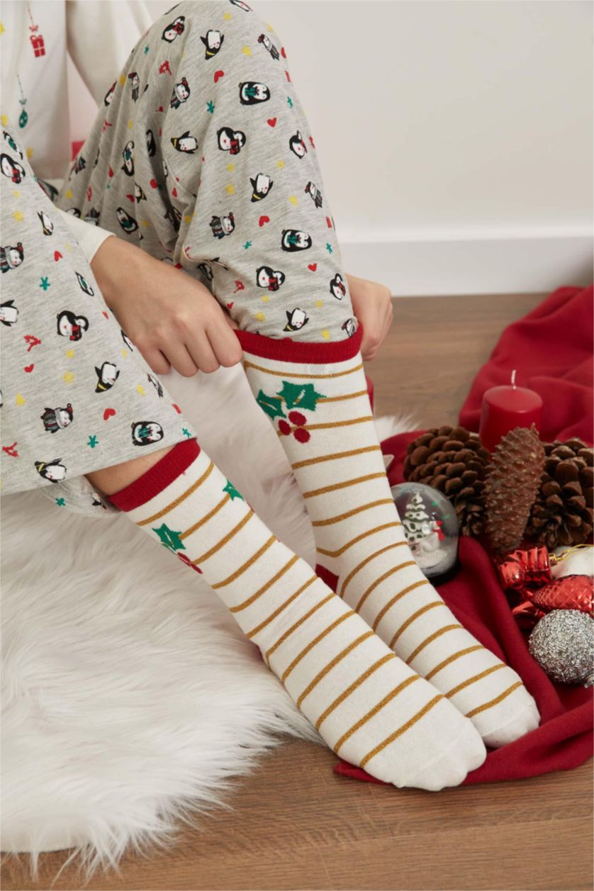WOMAN Red Women Christmas Themed Cotton 2 Piece Long Socks