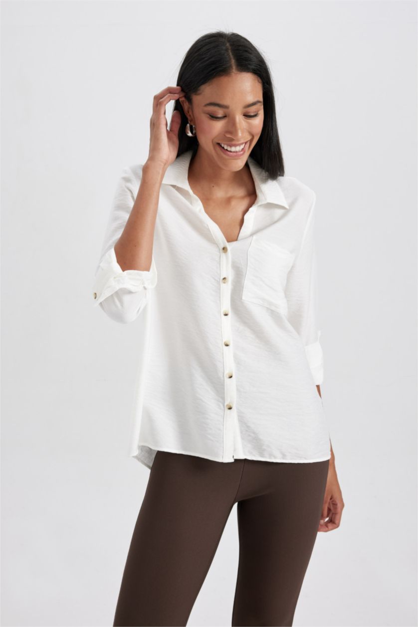 FEMME Écru Chemise À Manches Longues Et Col Chemise Coupe Classique