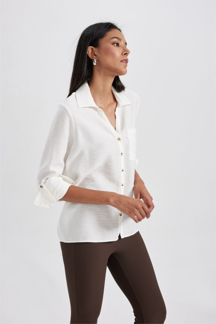 FEMME Écru Chemise À Manches Longues Et Col Chemise Coupe Classique