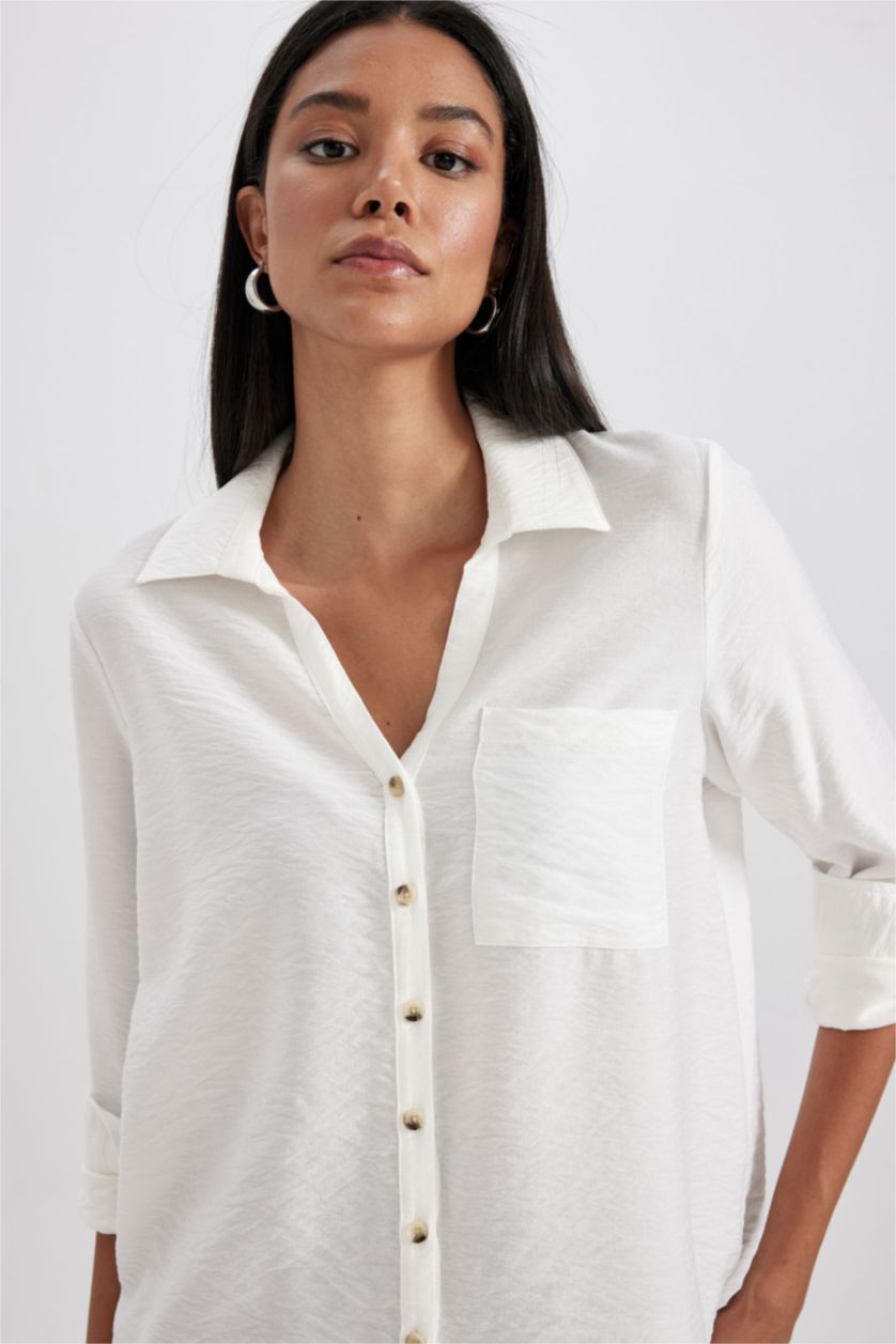 FEMME Écru Chemise À Manches Longues Et Col Chemise Coupe Classique