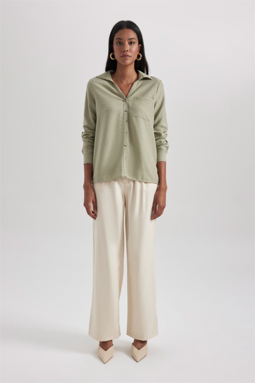 Kadın Açık Haki Regular Fit Cepli Uzun Kollu Gömlek